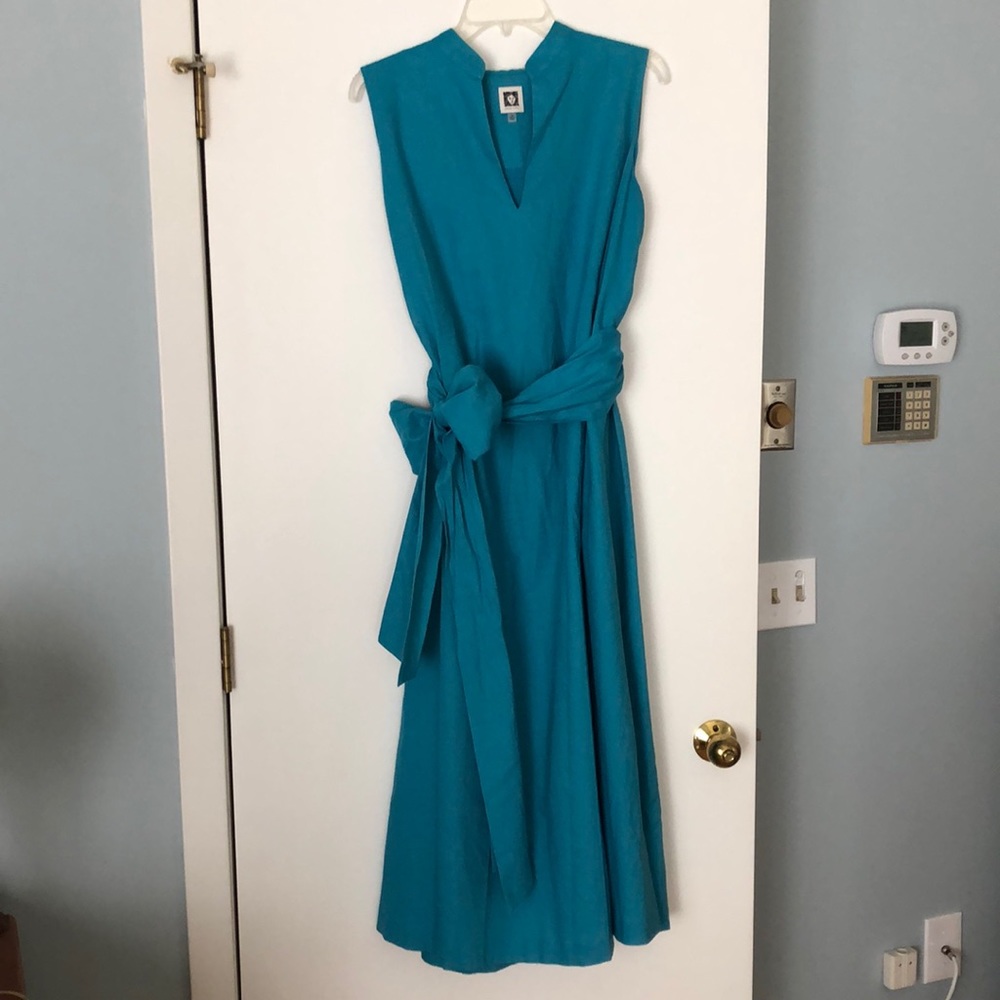 Anne Klein Turquoise A-Line, Full Skirt, Sleeveless, Linen-blend Dress. Sz 18w.
